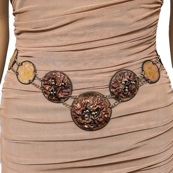 Artisan Brutalist Boho Coin Belt Sculptural Enamel 28-40” Greco Roman Influence - Picture 2 of 13